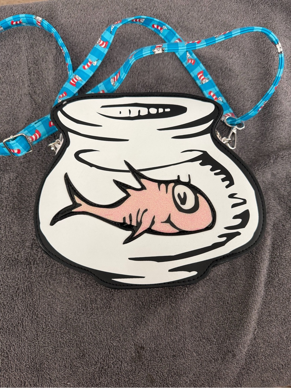 Spirit White Fishbowl Shoulder Bag with Pink Fish and Blue Strap